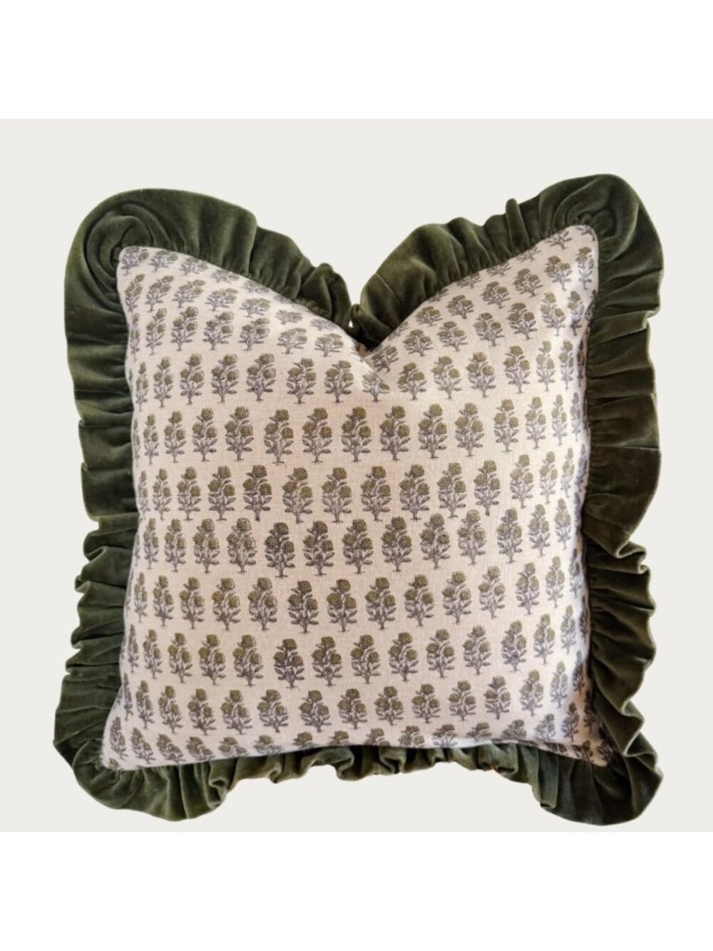 100% Cotton Linen Decorative Cushion Cover - Moss Green & Grey Ruffle Pillow